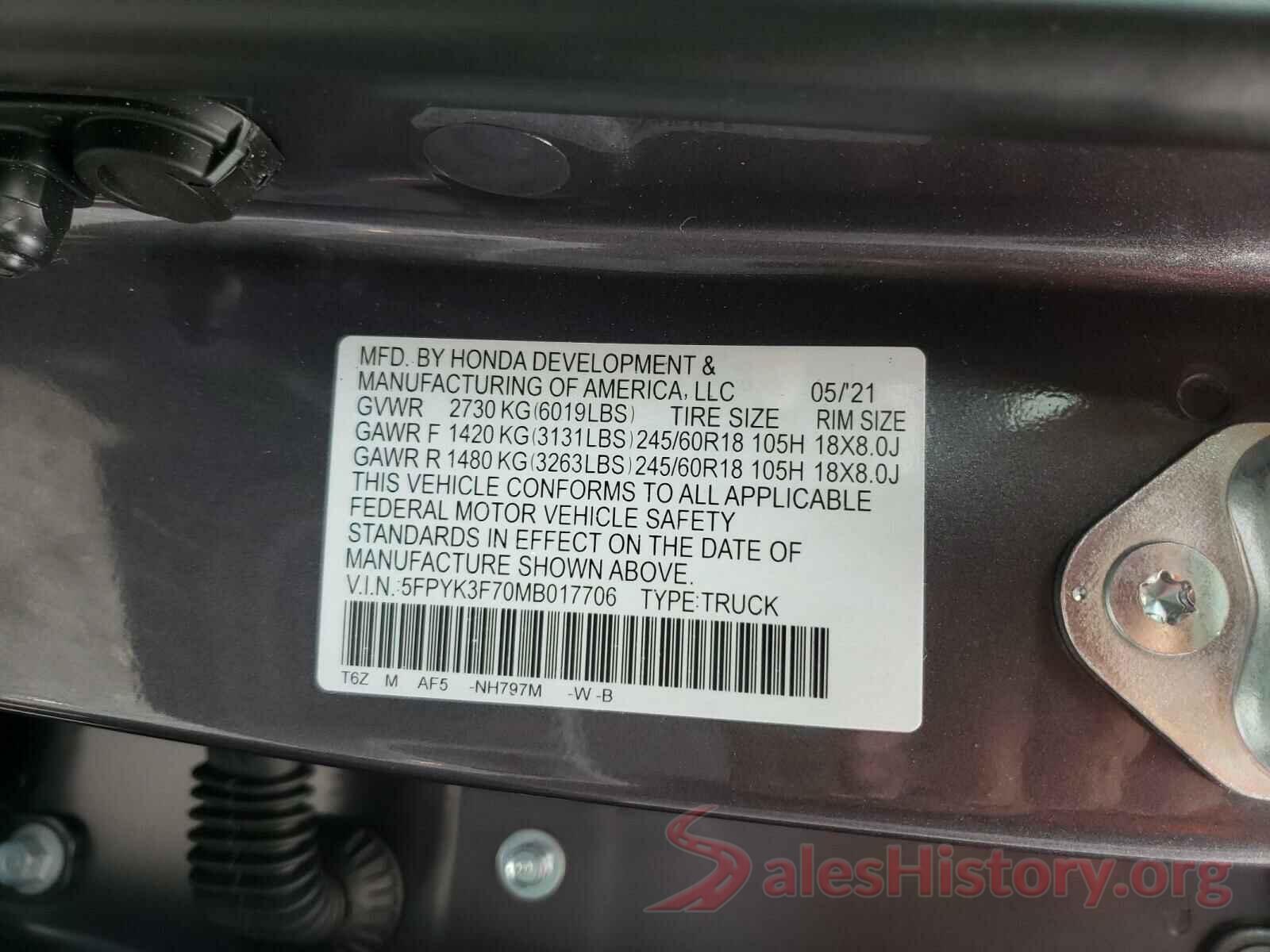 5FPYK3F70MB017706 2021 HONDA RIDGELINE