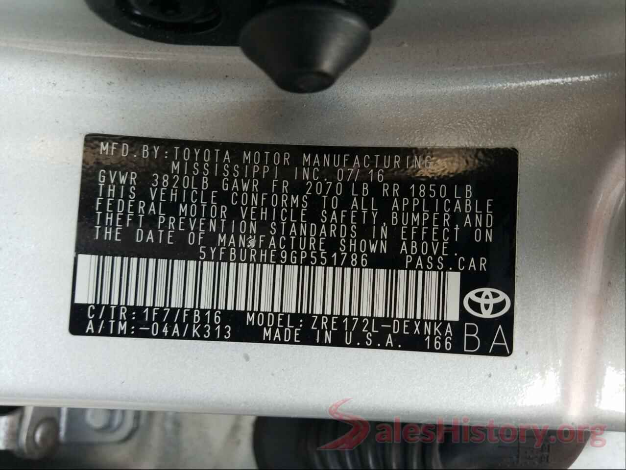 5YFBURHE9GP551786 2016 TOYOTA COROLLA