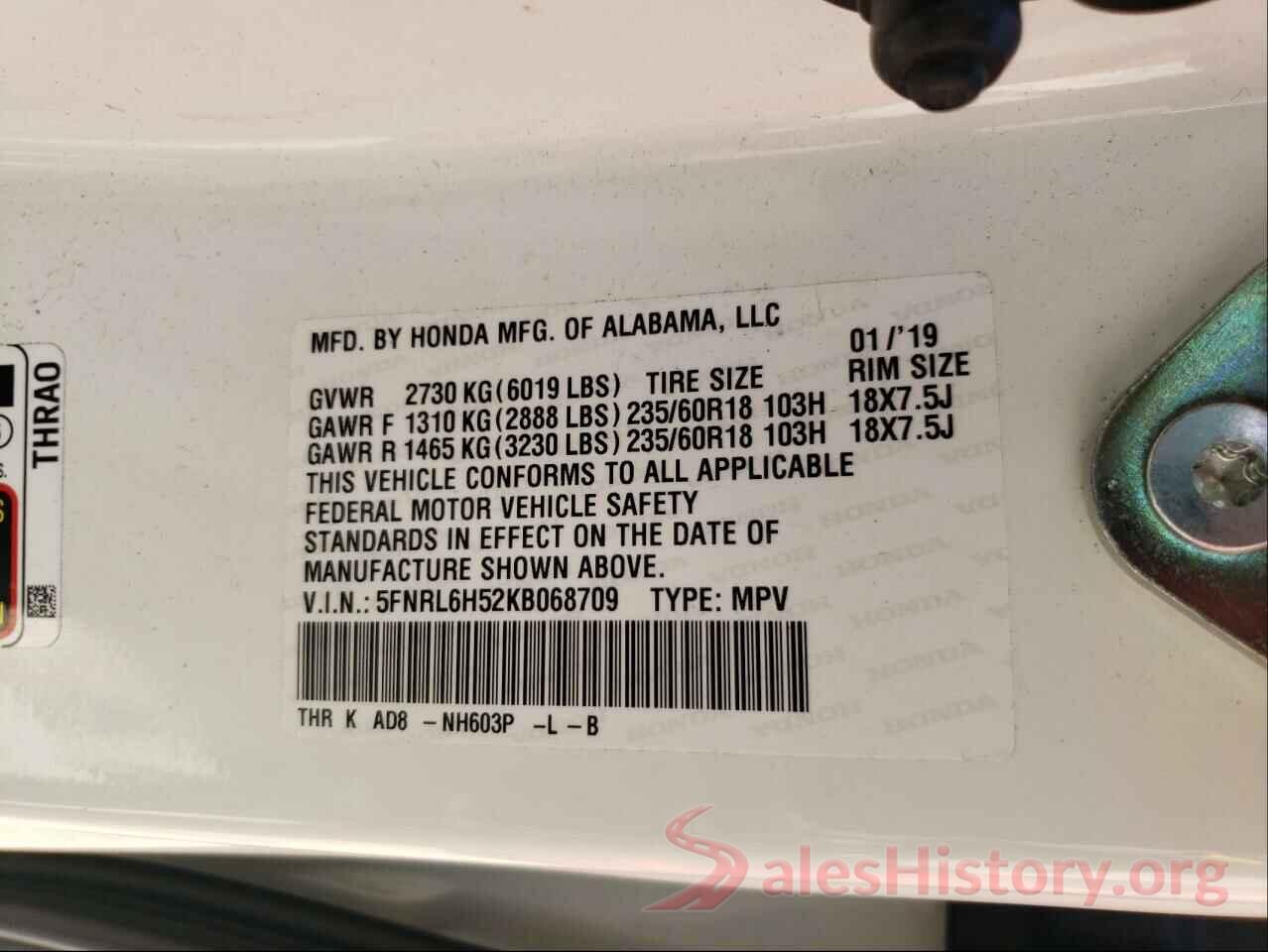 5FNRL6H52KB068709 2019 HONDA ODYSSEY