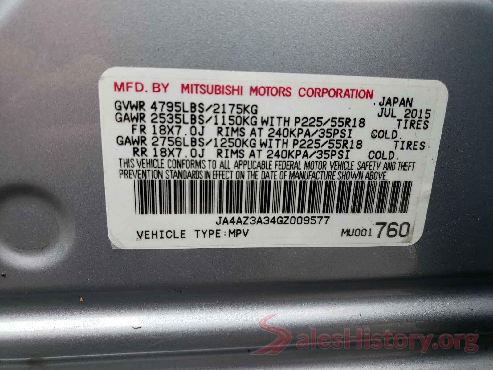 JA4AZ3A34GZ009577 2016 MITSUBISHI OUTLANDER