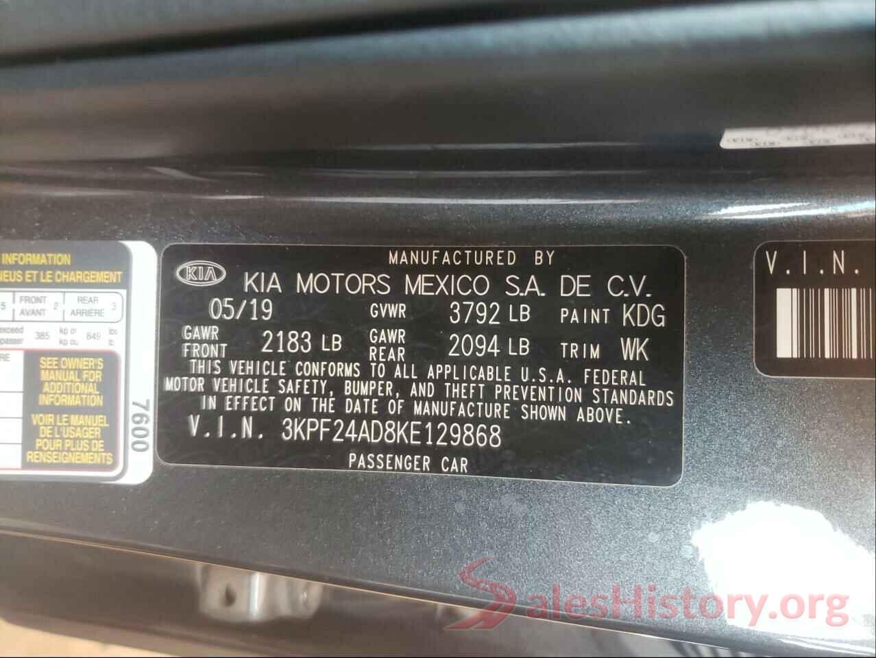 3KPF24AD8KE129868 2019 KIA FORTE