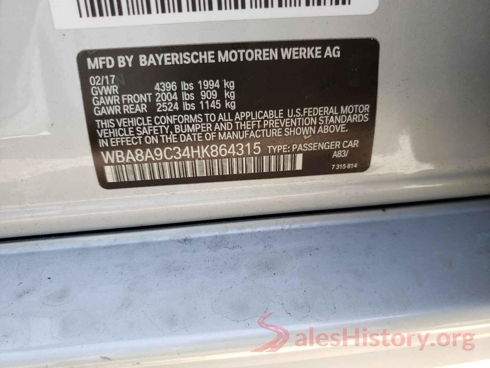 WBA8A9C34HK864315 2017 BMW 3 SERIES