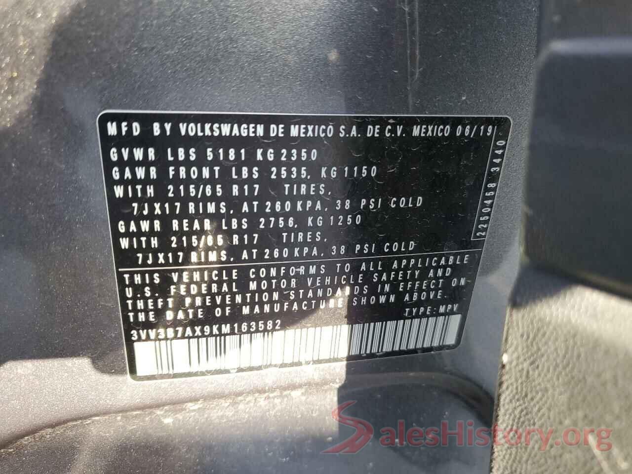 3VV3B7AX9KM163582 2019 VOLKSWAGEN TIGUAN