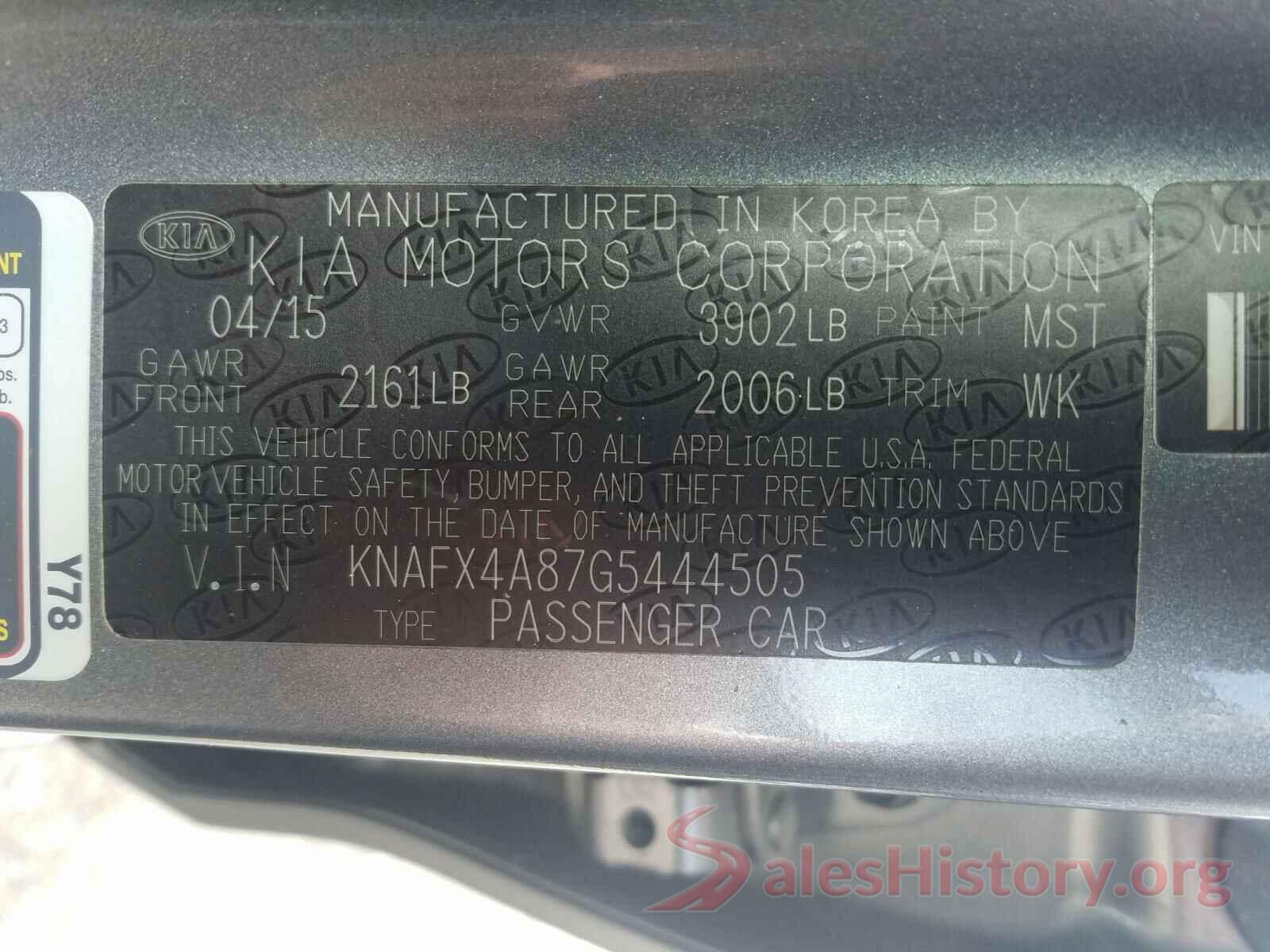 KNAFX4A87G5444505 2016 KIA FORTE