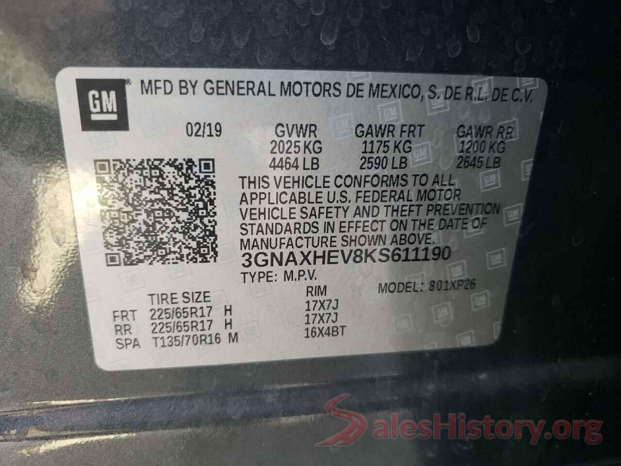 3GNAXHEV8KS611190 2019 CHEVROLET EQUINOX