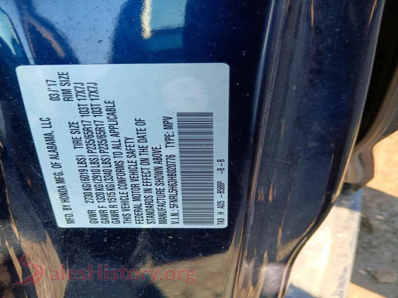 2017 HONDA ODYSSEY VIN 5FNRL5H63HB020776, trunk area
