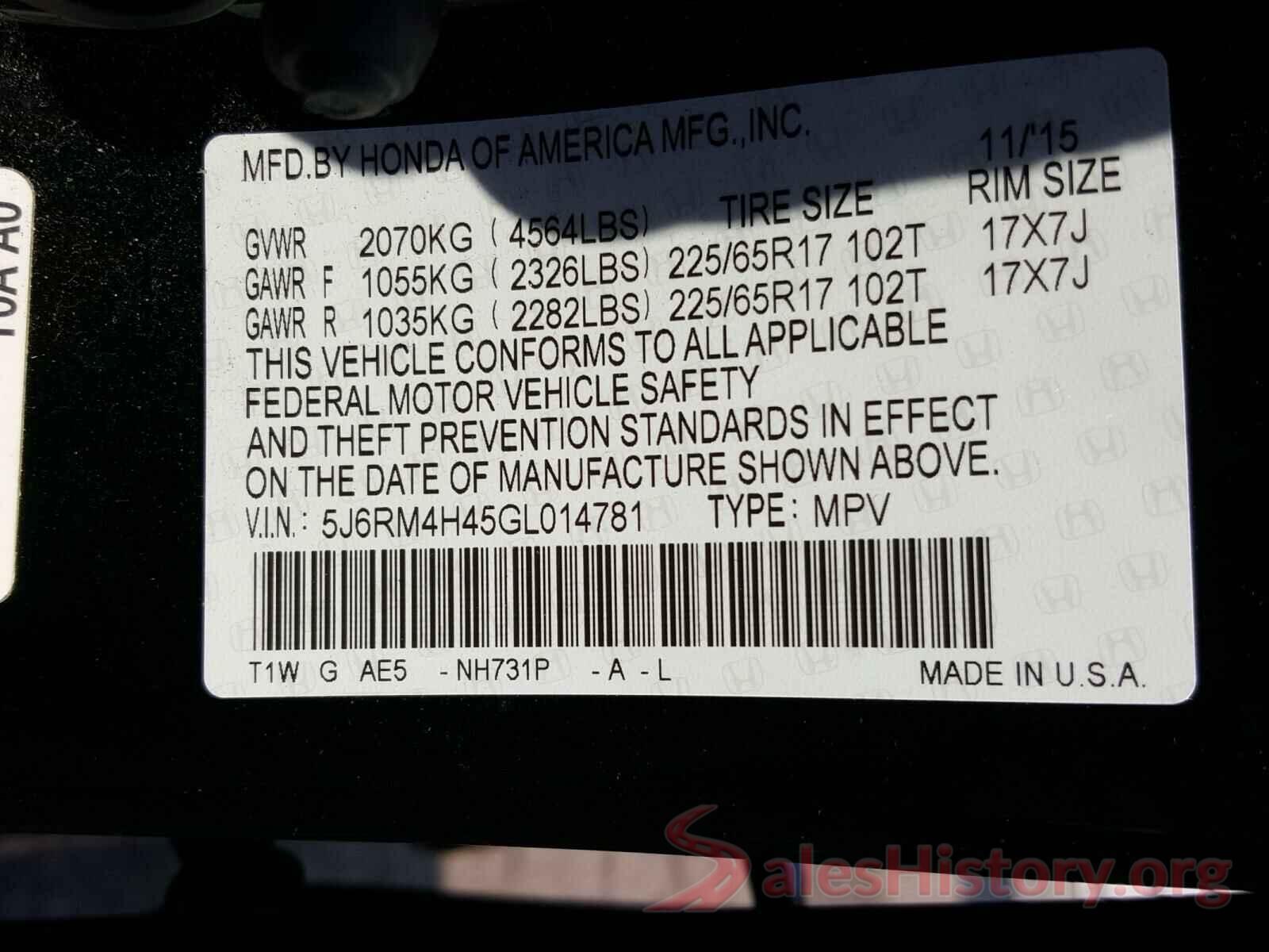 5J6RM4H45GL014781 2016 HONDA CRV