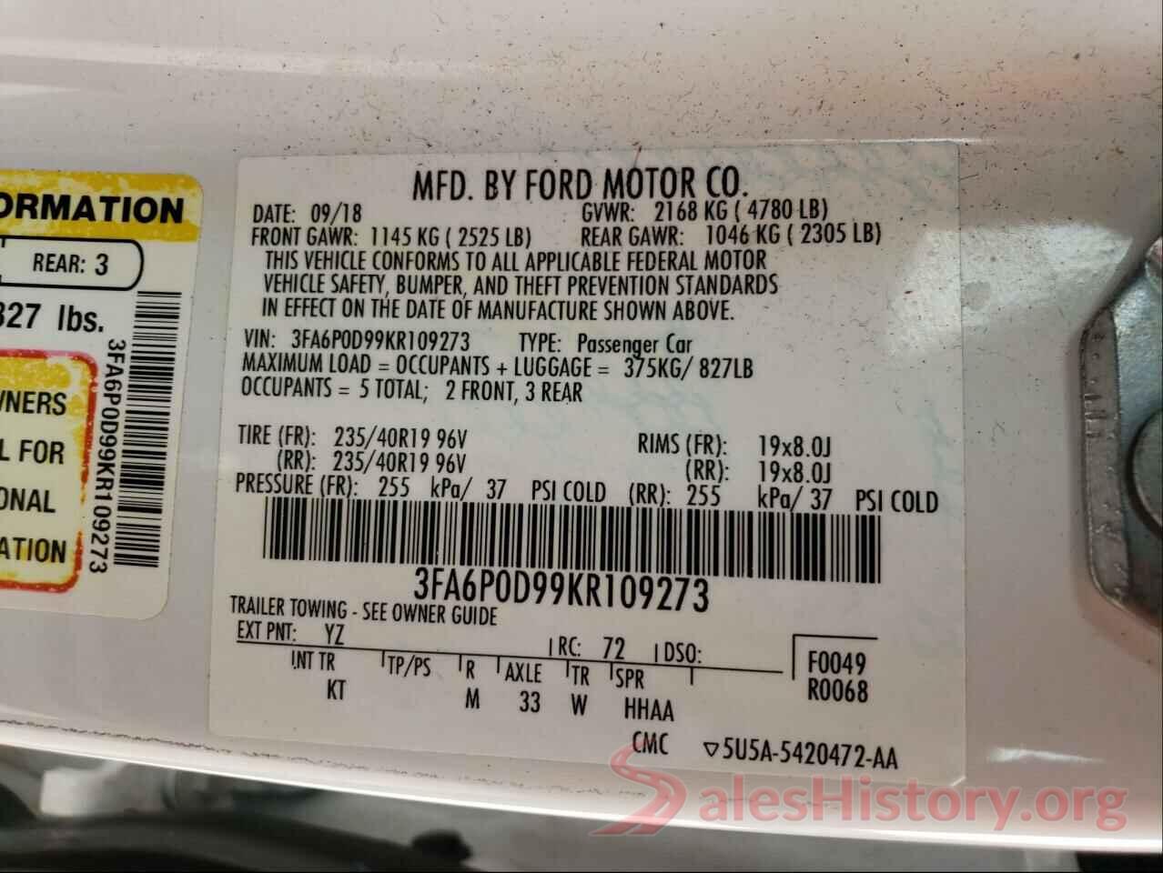 3FA6P0D99KR109273 2019 FORD FUSION