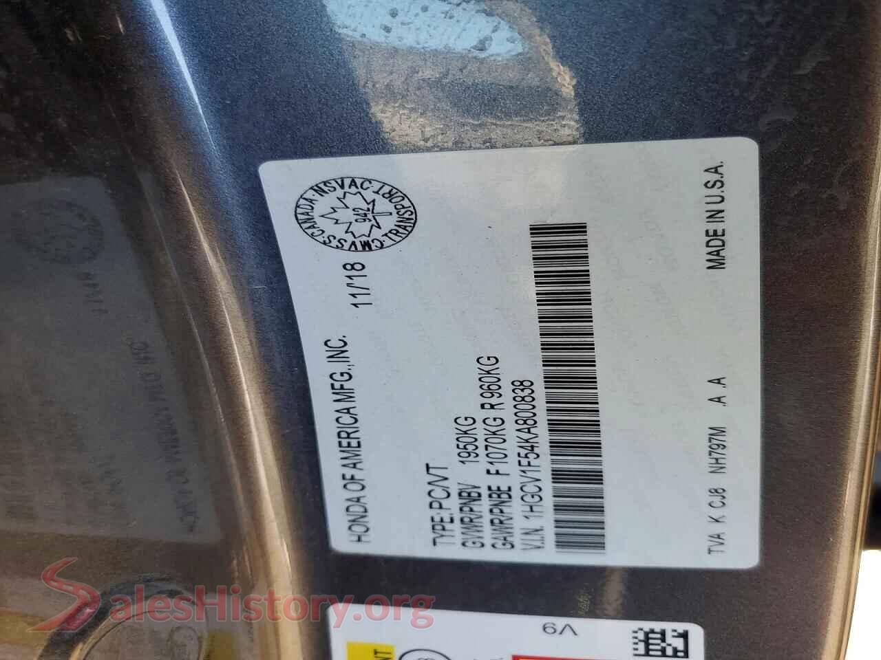2019 HONDA ACCORD VIN 1HGCV1F54KA800838, wheel and tire