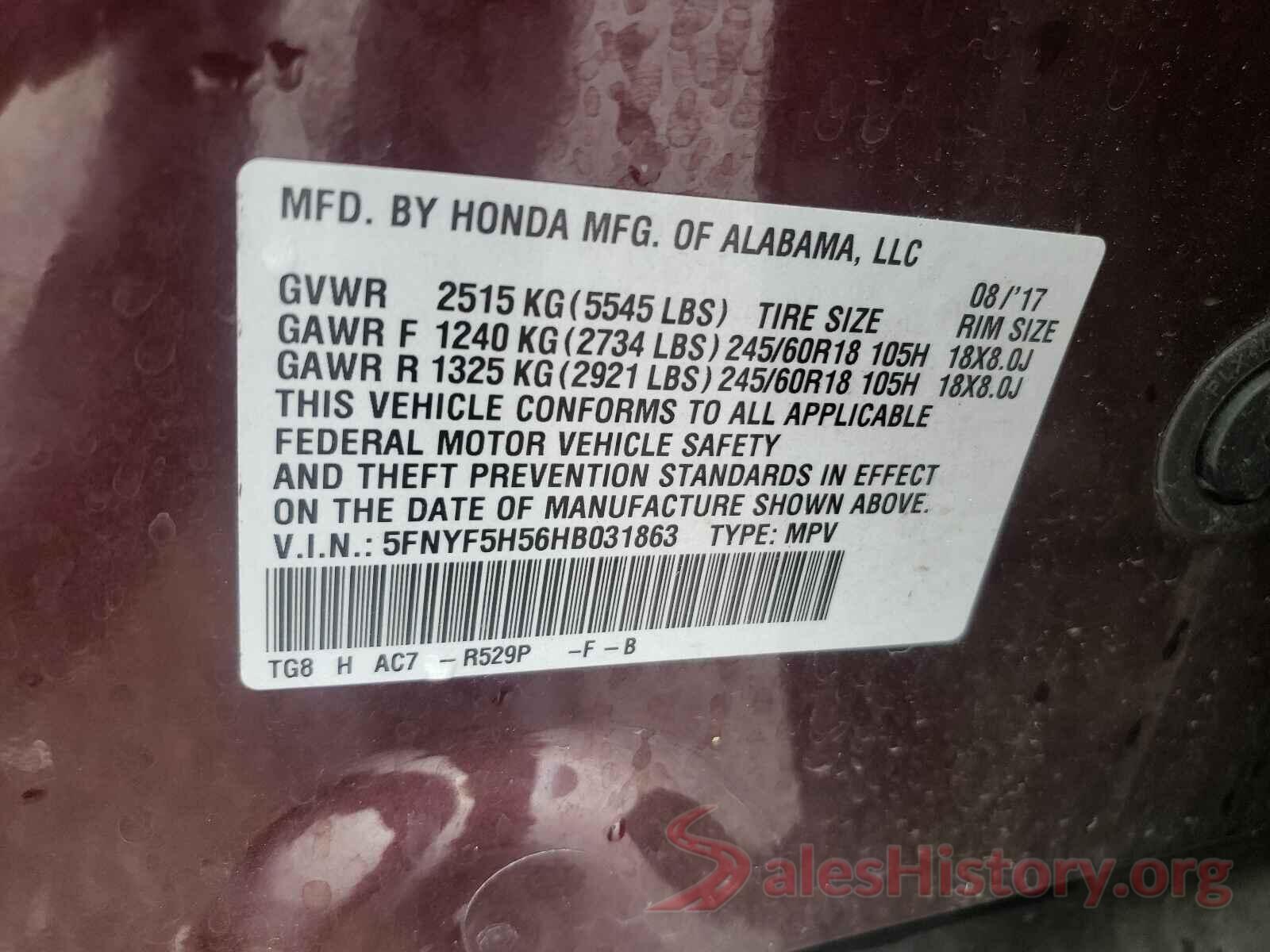 5FNYF5H56HB031863 2017 HONDA PILOT