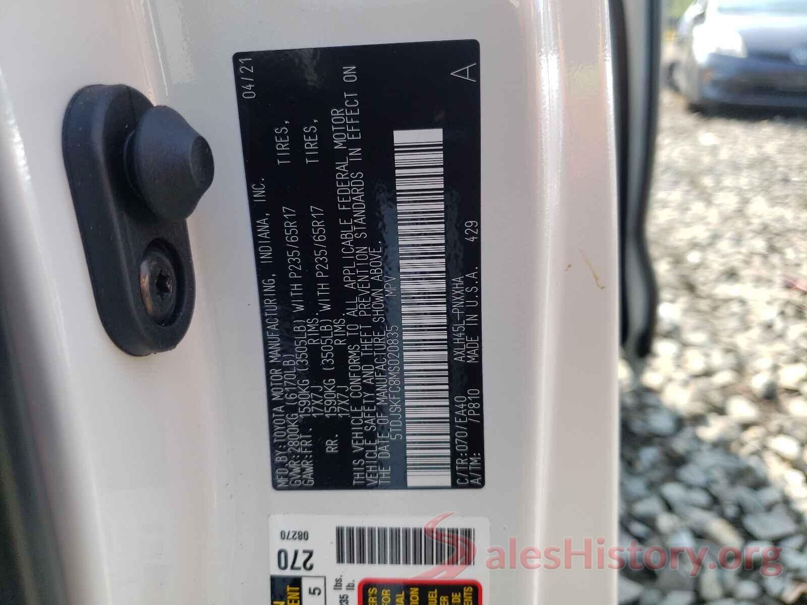 5TDJSKFC8MS020835 2021 TOYOTA SIENNA