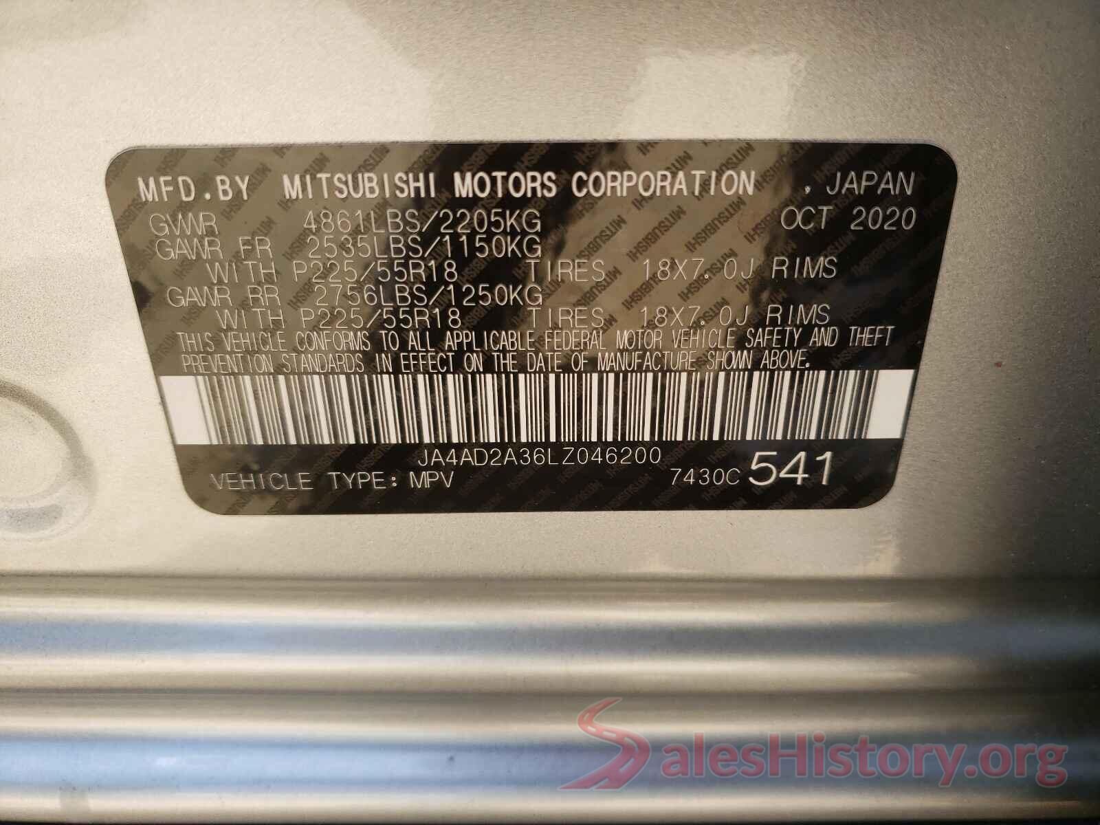 JA4AD2A36LZ046200 2020 MITSUBISHI OUTLANDER