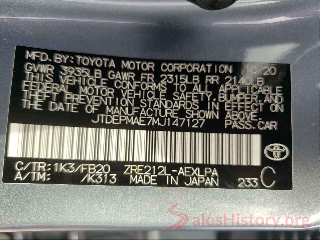 JTDEPMAE7MJ147127 2021 TOYOTA COROLLA