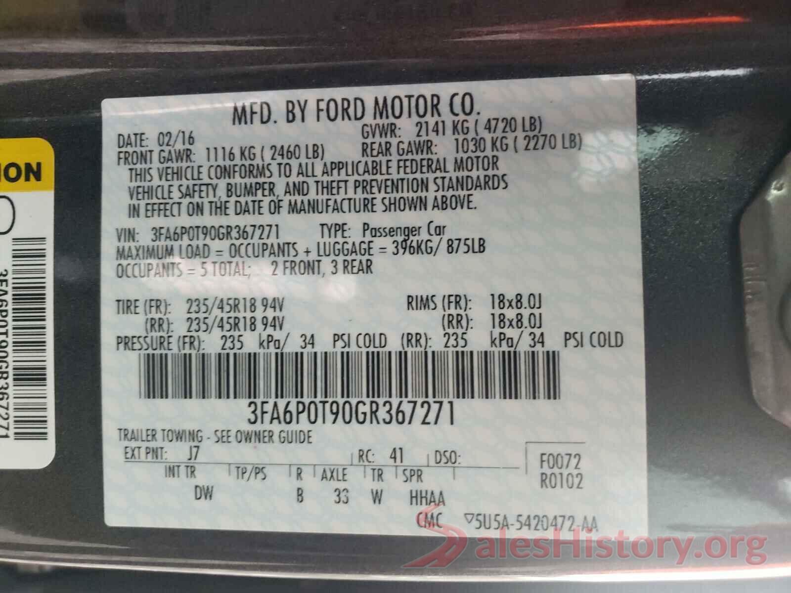 3FA6P0T90GR367271 2016 FORD FUSION