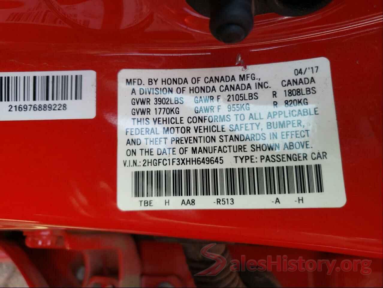 2HGFC1F3XHH649645 2017 HONDA CIVIC