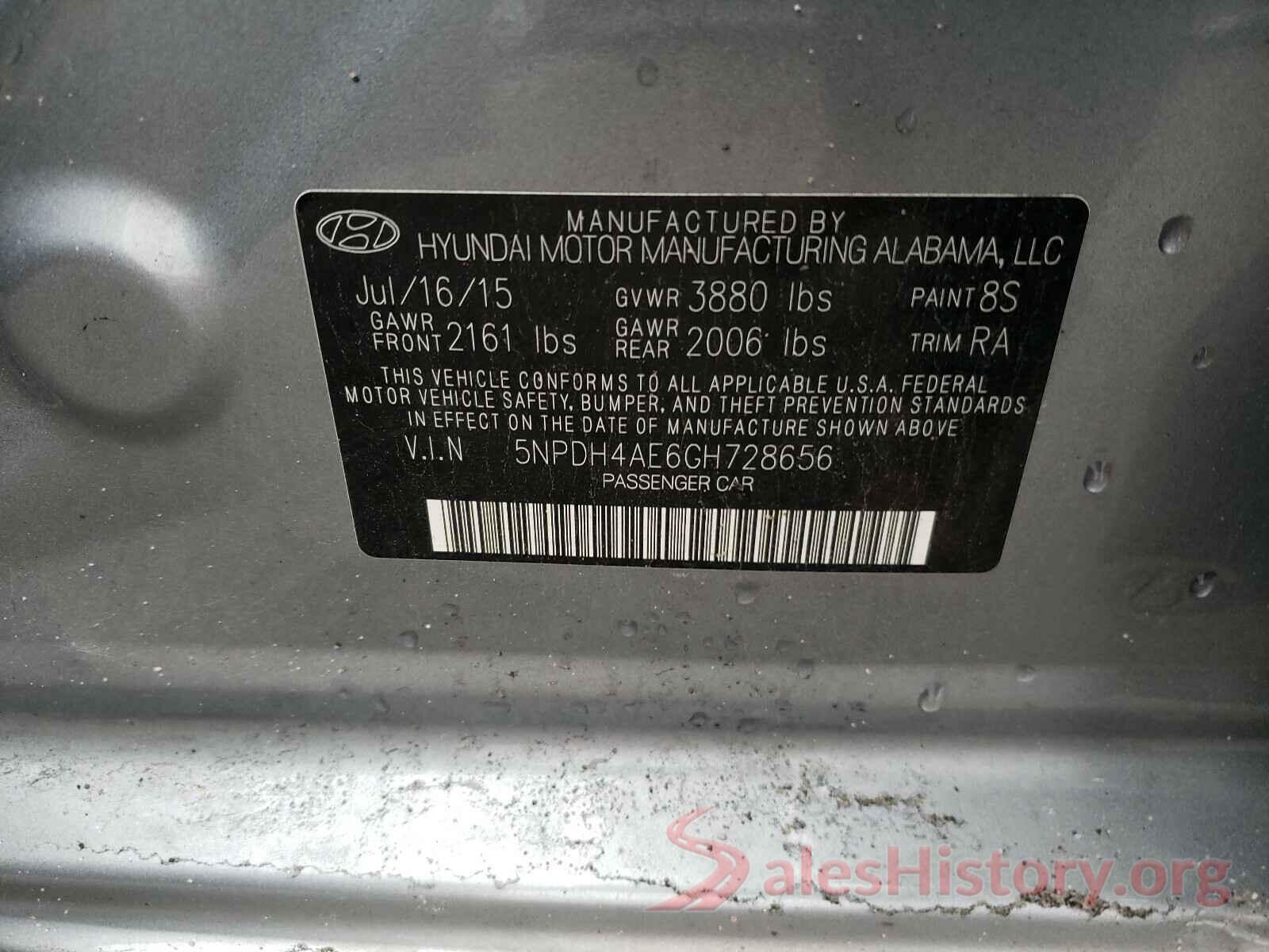 5NPDH4AE6GH728656 2016 HYUNDAI ELANTRA