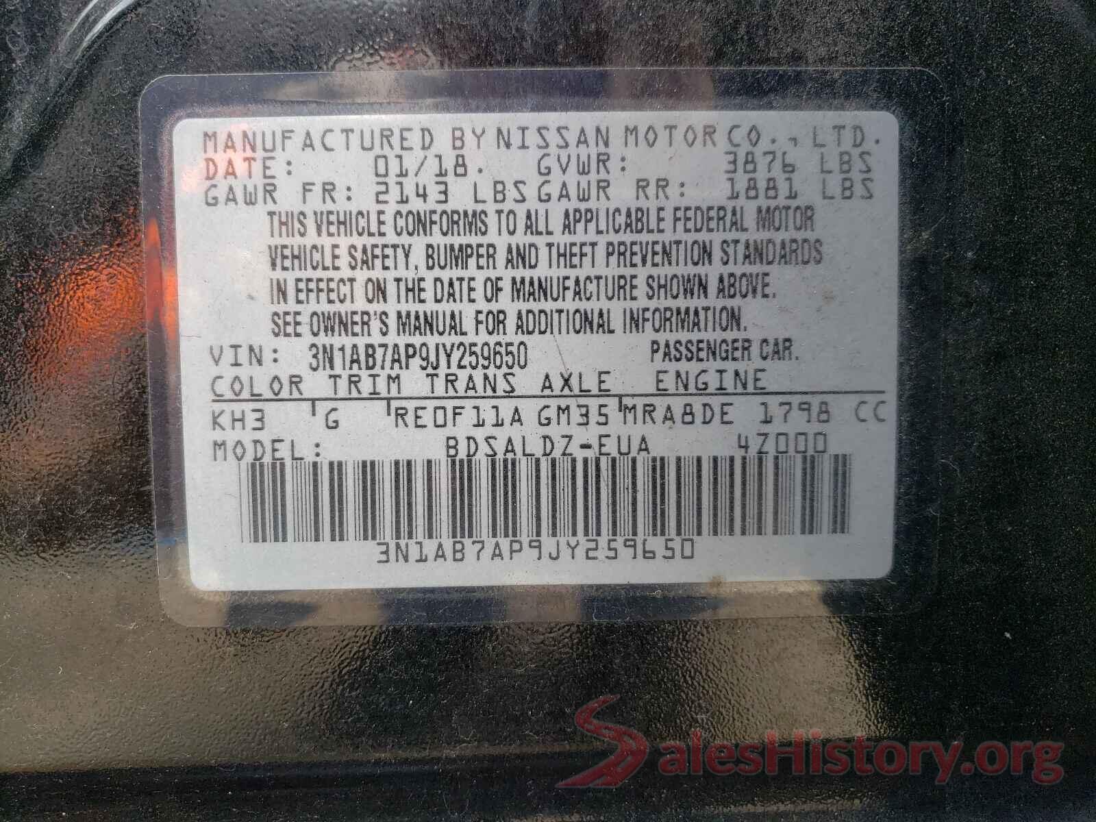 3N1AB7AP9JY259650 2018 NISSAN SENTRA