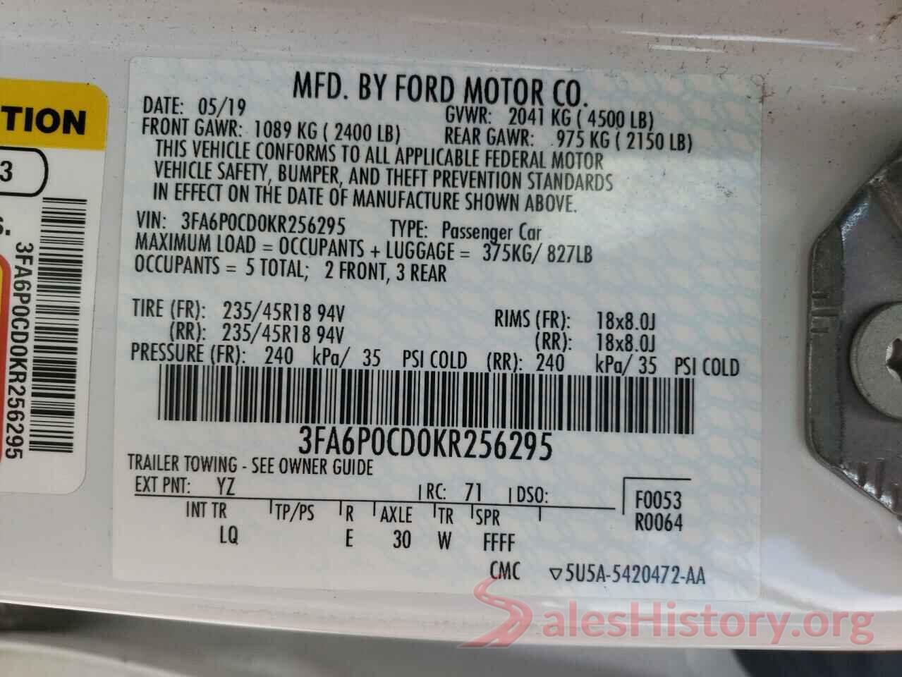 3FA6P0CD0KR256295 2019 FORD FUSION