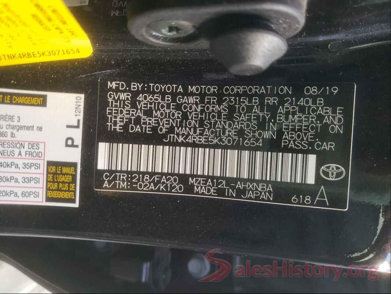 JTNK4RBE5K3071654 2019 TOYOTA COROLLA