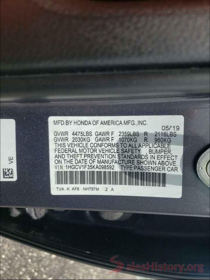 1HGCV1F35KA098592 2019 HONDA ACCORD