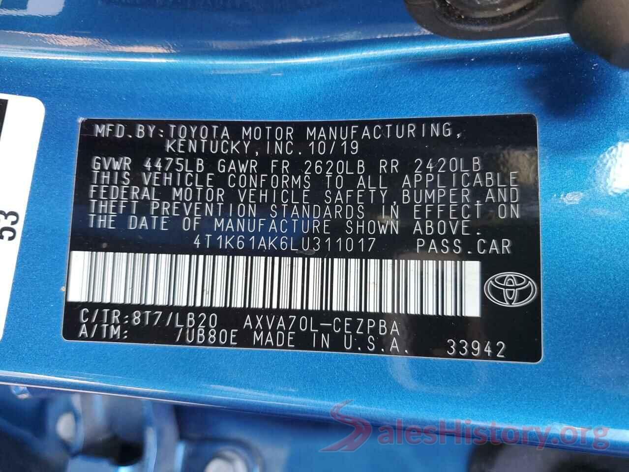 4T1K61AK6LU311017 2020 TOYOTA CAMRY