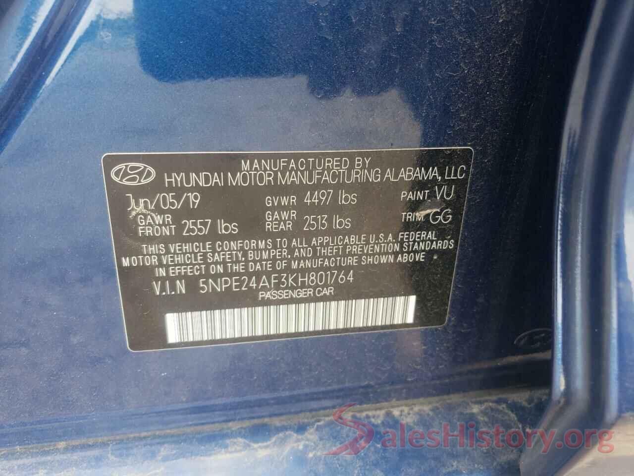 5NPE24AF3KH801764 2019 HYUNDAI SONATA