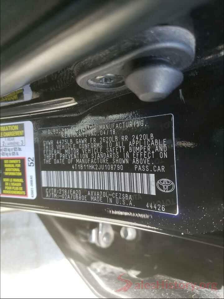 4T1B11HK2JU108790 2018 TOYOTA CAMRY