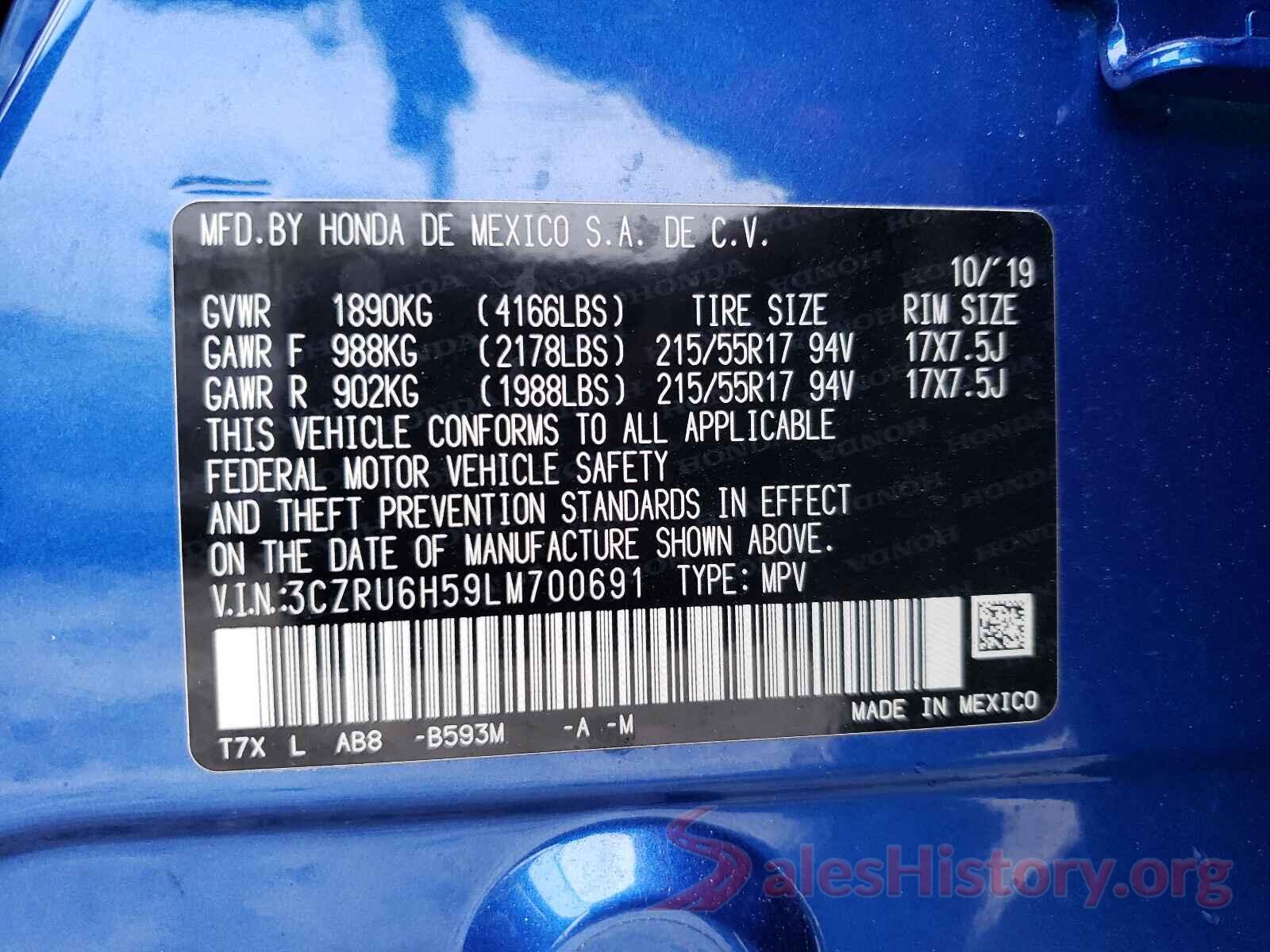 3CZRU6H59LM700691 2020 HONDA HR-V