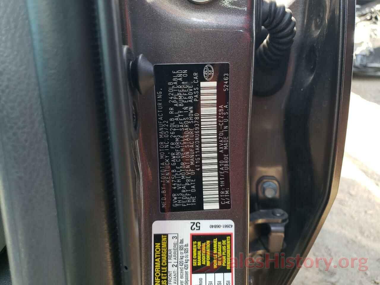 4T1G11AK0NU693780 2022 TOYOTA CAMRY