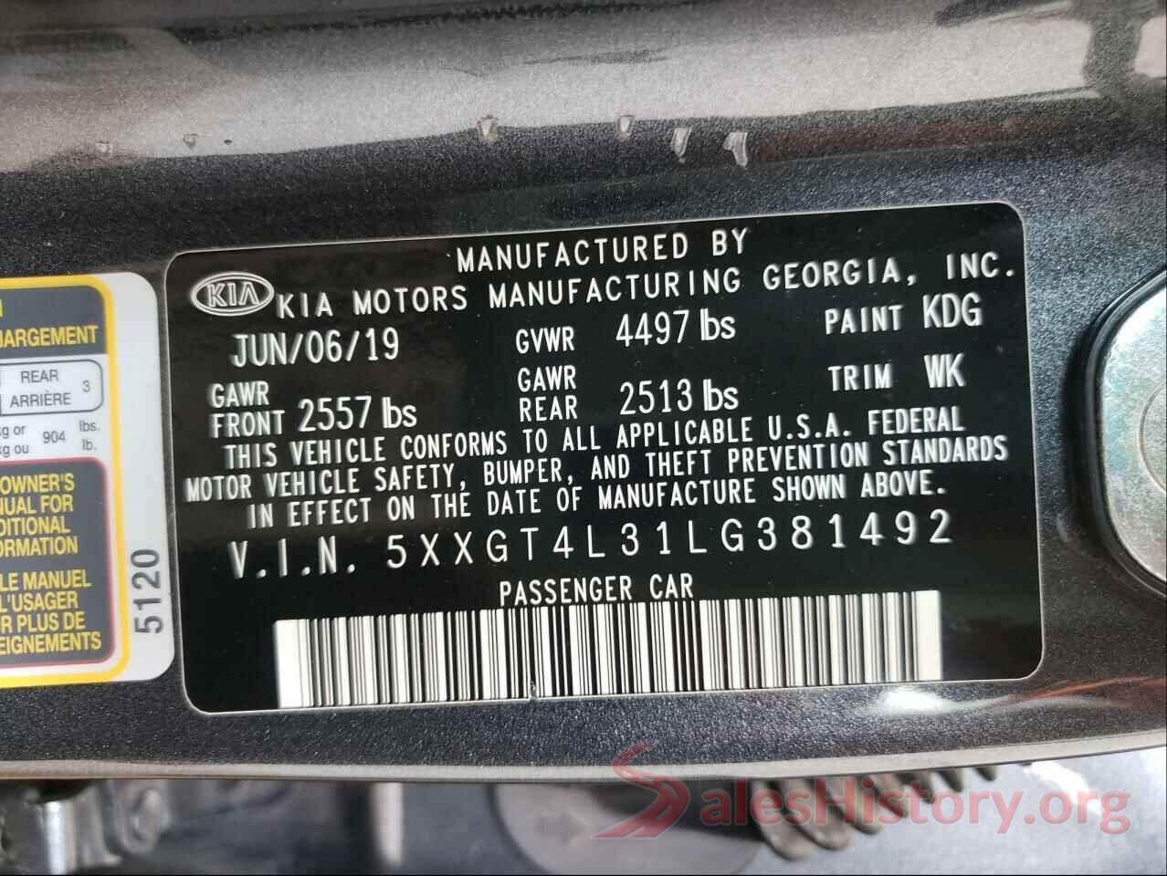 5XXGT4L31LG381492 2020 KIA OPTIMA