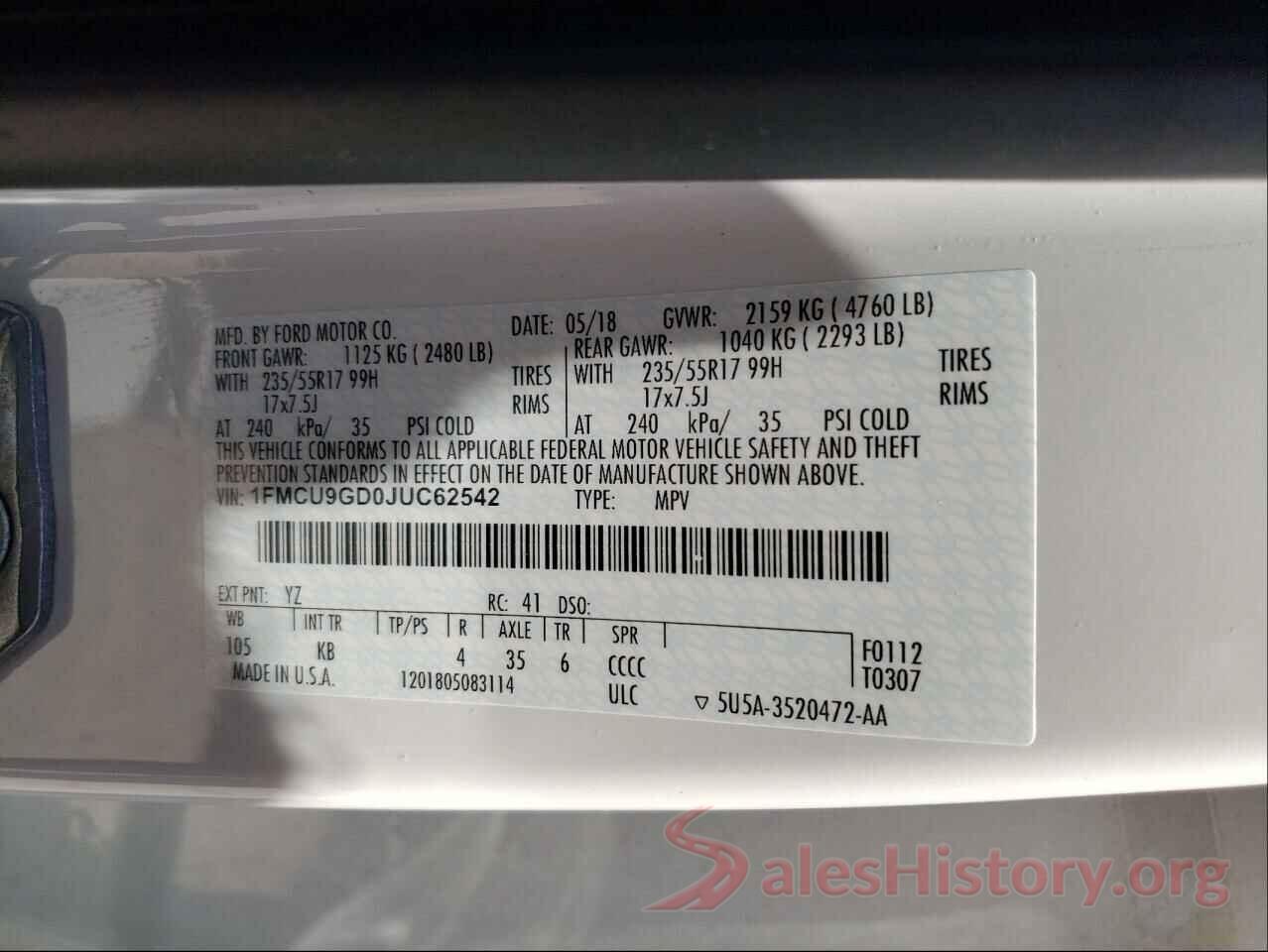 1FMCU9GD0JUC62542 2018 FORD ESCAPE