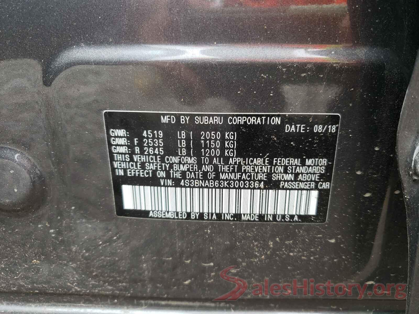 4S3BNAB63K3003364 2019 SUBARU LEGACY