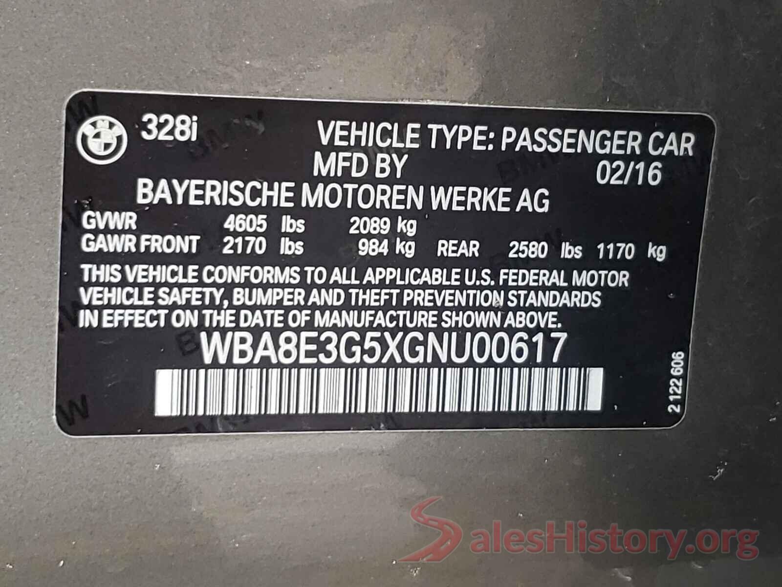 WBA8E3G5XGNU00617 2016 BMW 3 SERIES