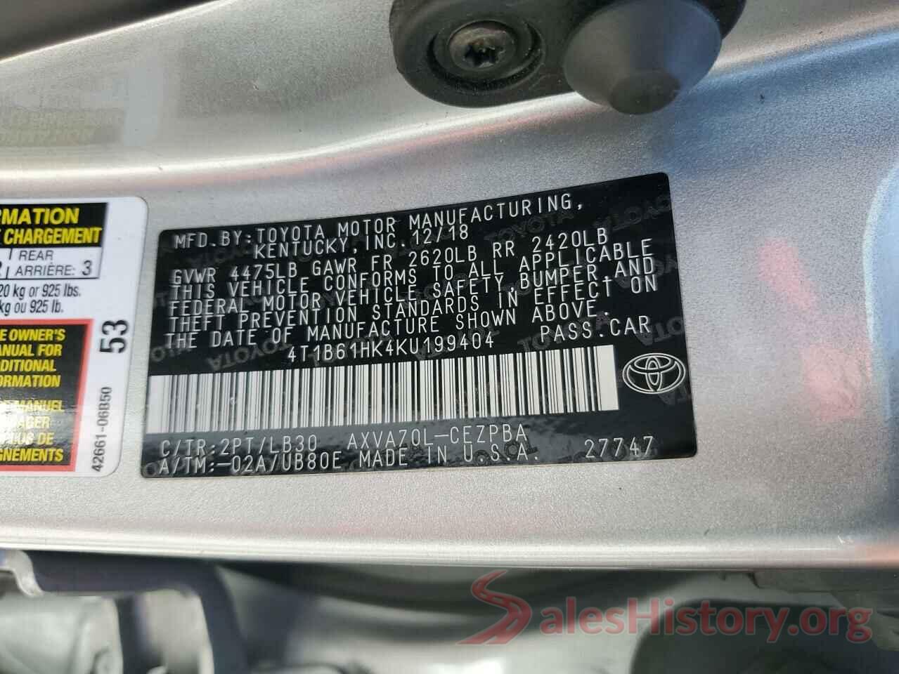 4T1B61HK4KU199404 2019 TOYOTA CAMRY