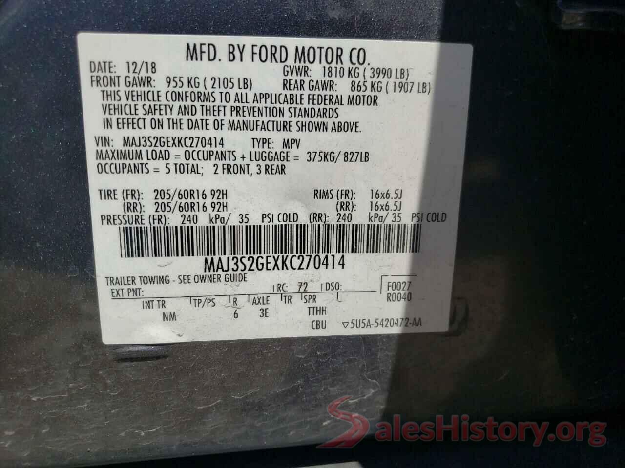 MAJ3S2GEXKC270414 2019 FORD ECOSPORT