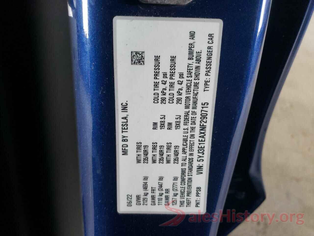 5YJ3E1EAXNF290715 2022 TESLA MODEL 3