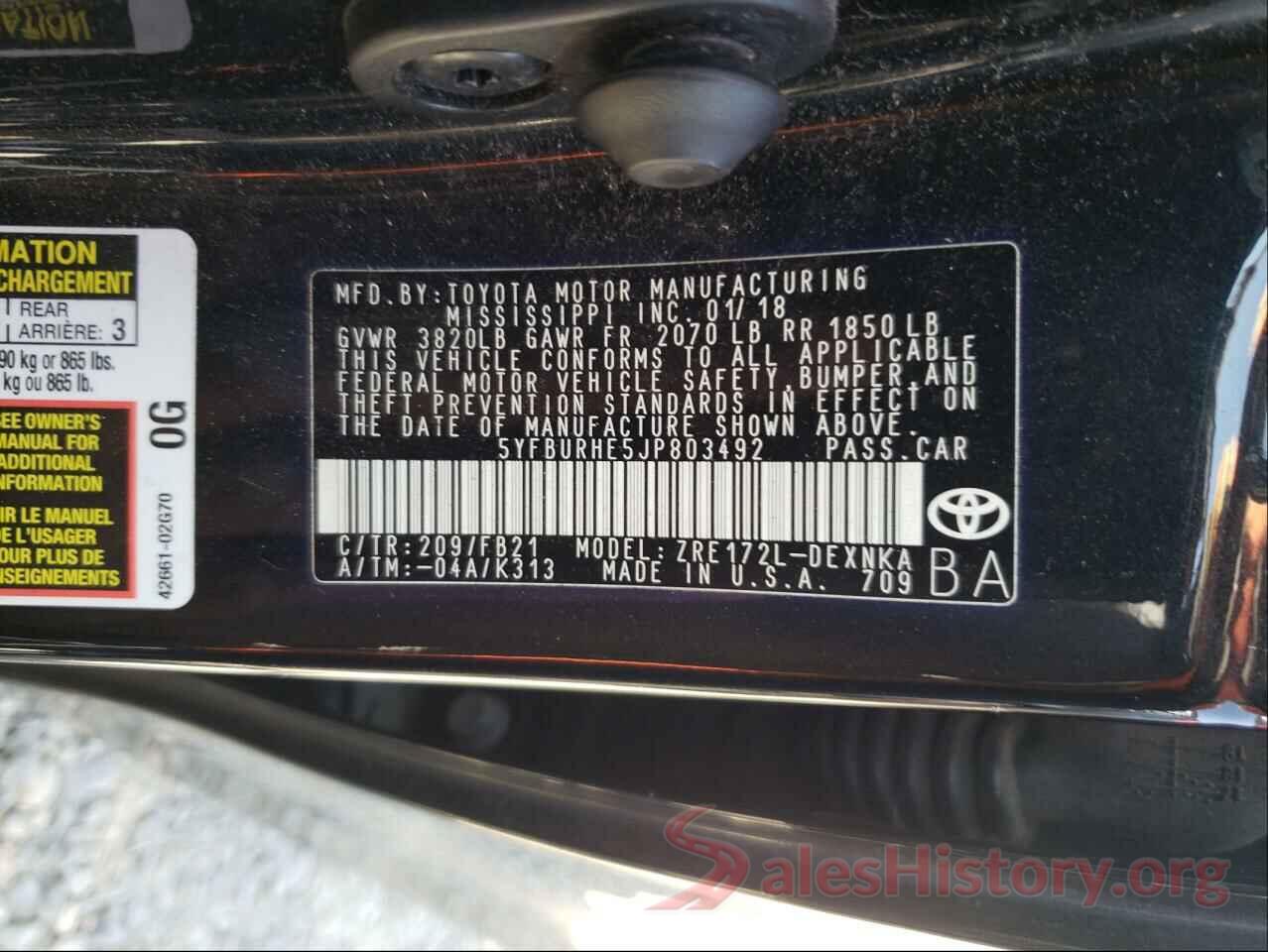 5YFBURHE5JP803492 2018 TOYOTA COROLLA