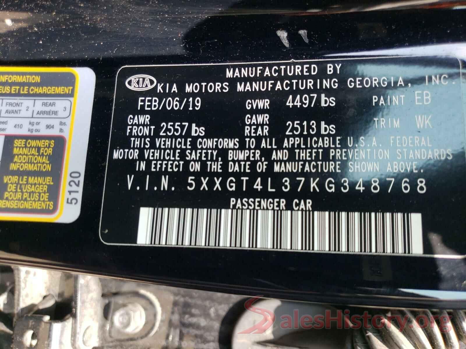 5XXGT4L37KG348768 2019 KIA OPTIMA