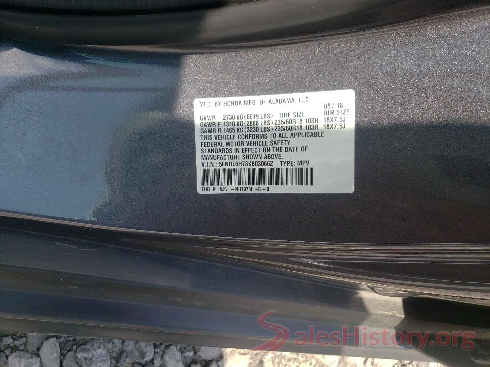 5FNRL6H78KB030662 2019 HONDA ODYSSEY