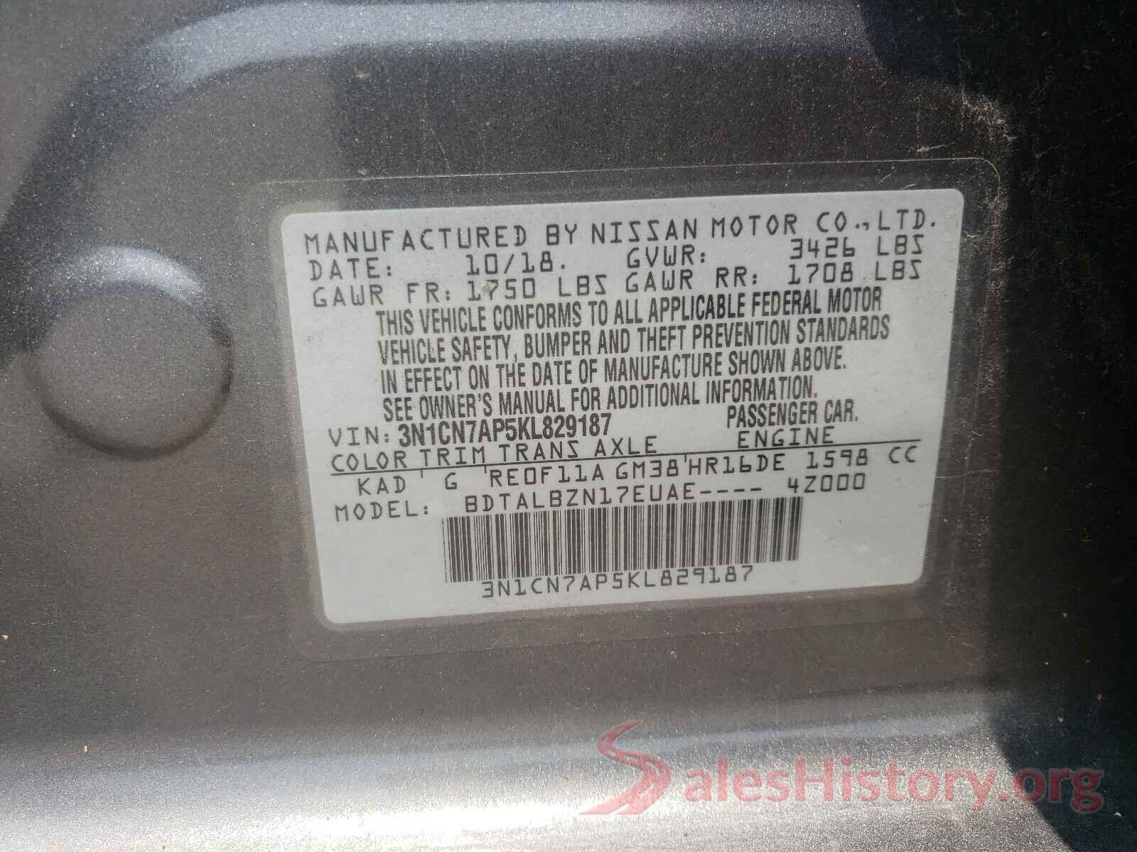 3N1CN7AP5KL829187 2019 NISSAN VERSA