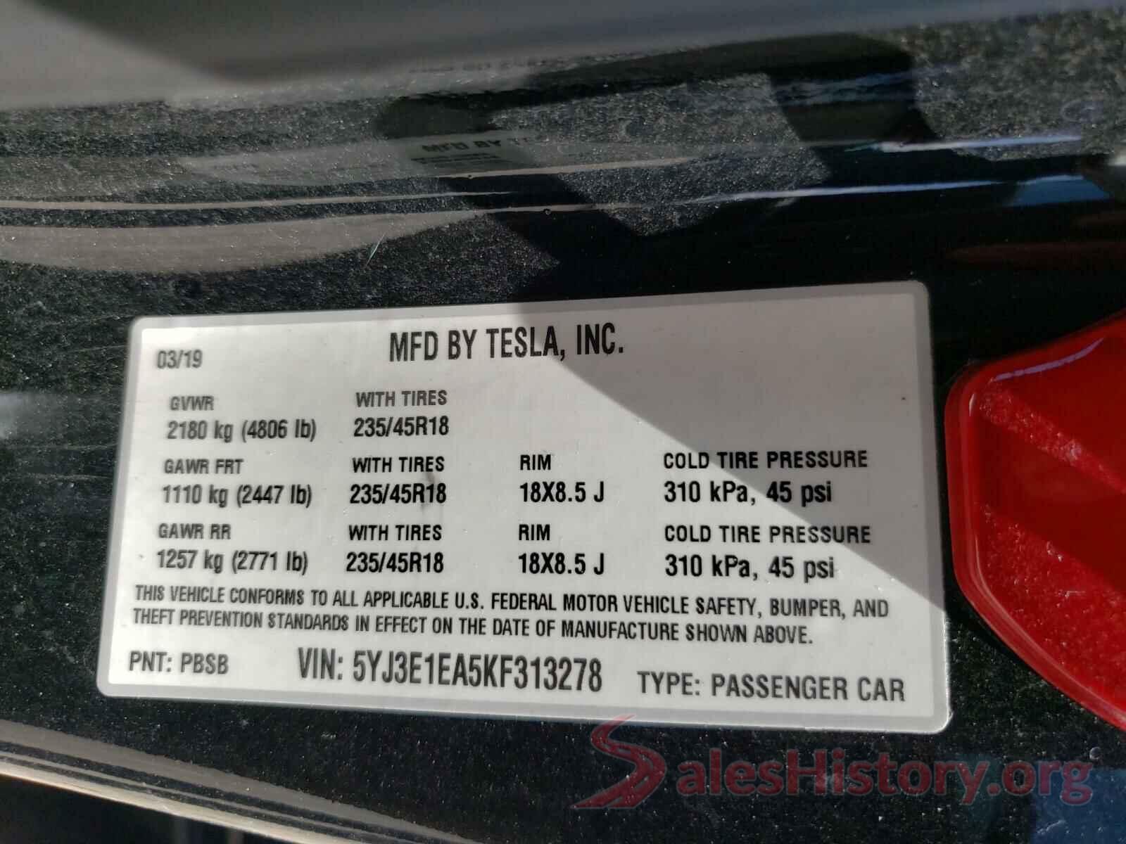 5YJ3E1EA5KF313278 2019 TESLA MODEL 3