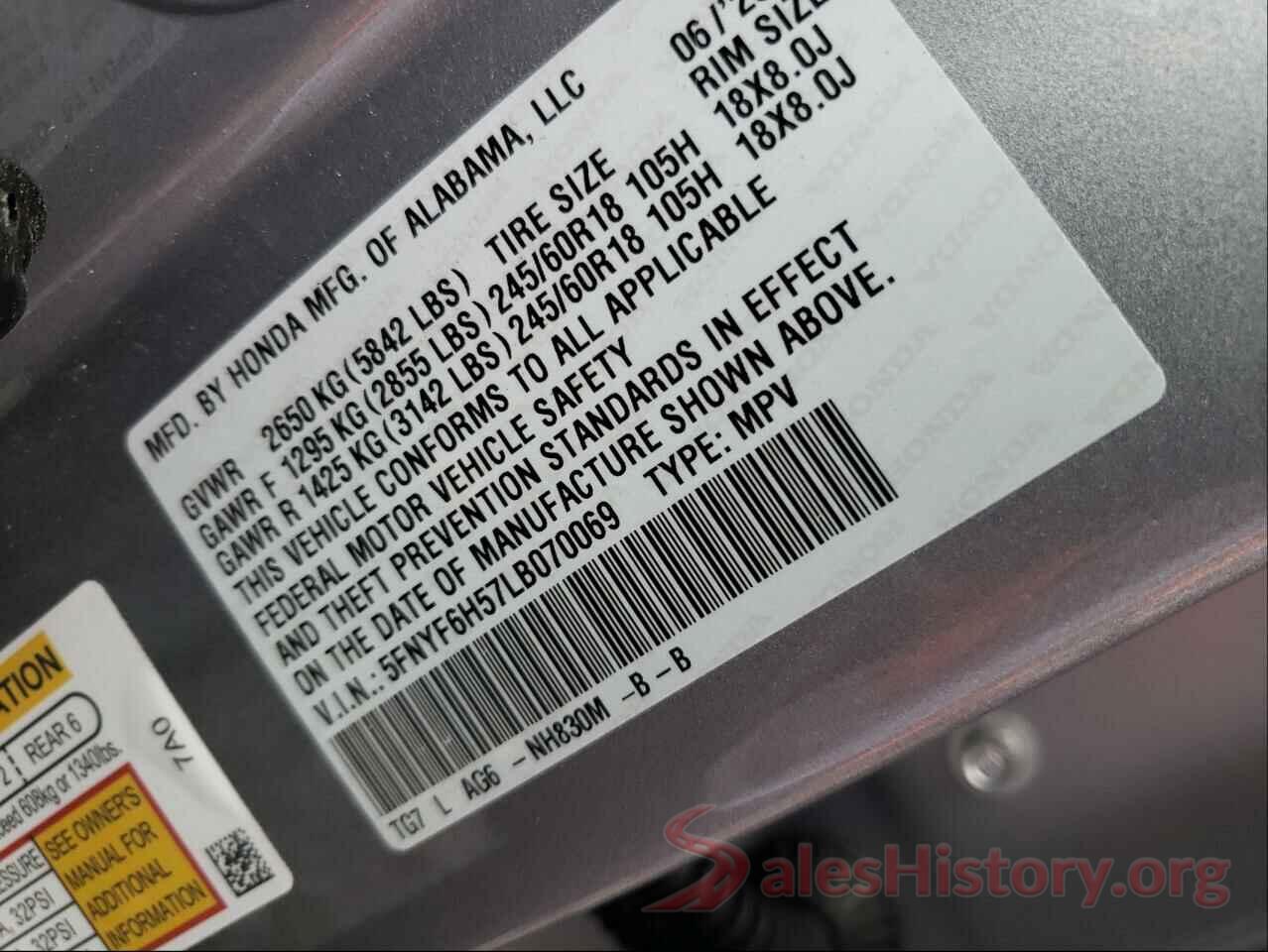 5FNYF6H57LB070069 2020 HONDA PILOT