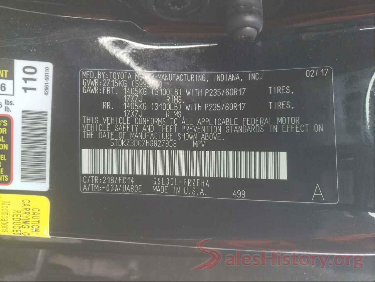 5TDKZ3DC7HS827958 2017 TOYOTA SIENNA