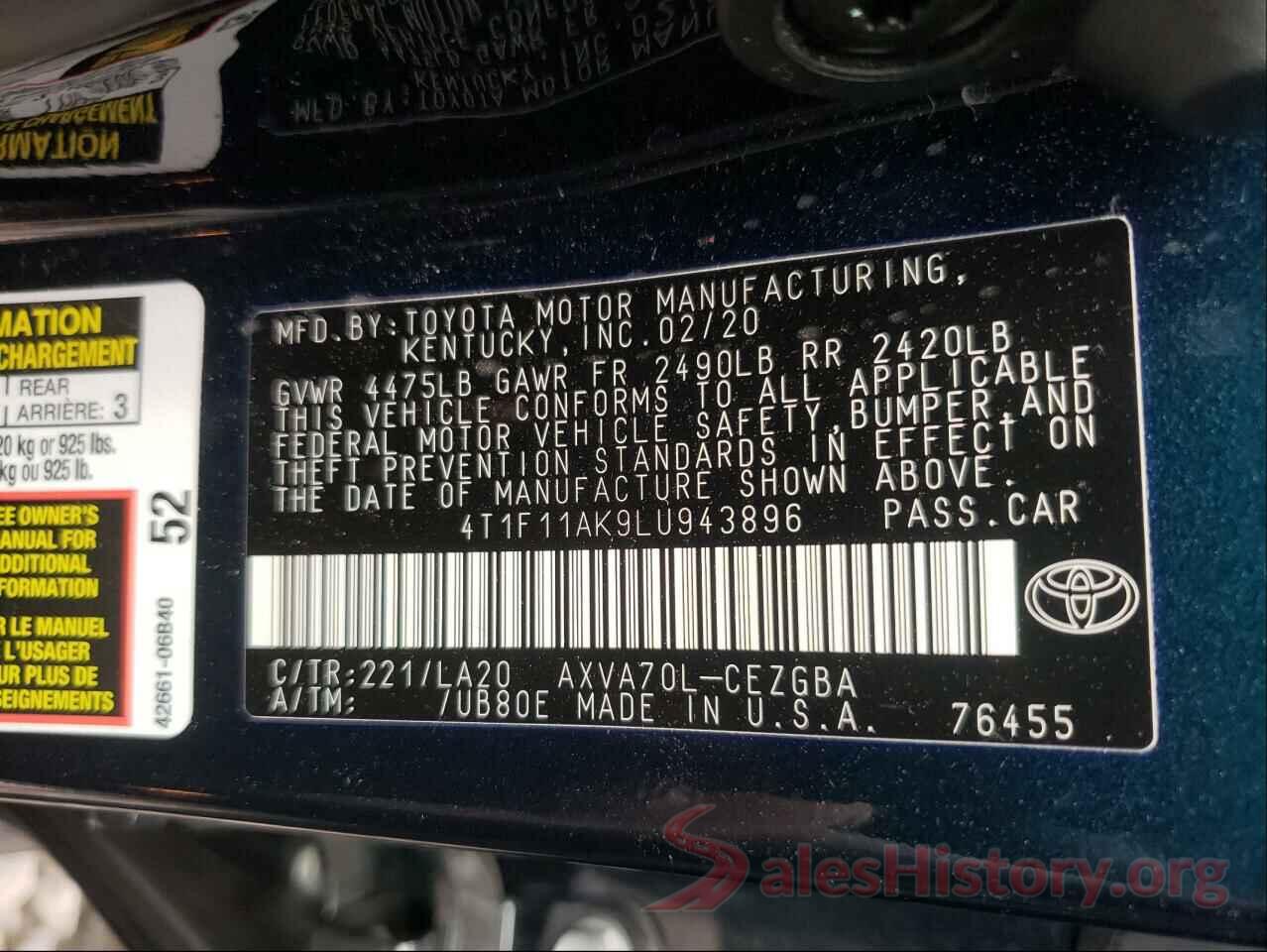 4T1F11AK9LU943896 2020 TOYOTA CAMRY