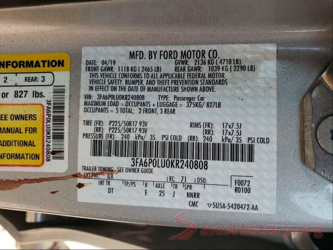 3FA6P0LU0KR240808 2019 FORD FUSION