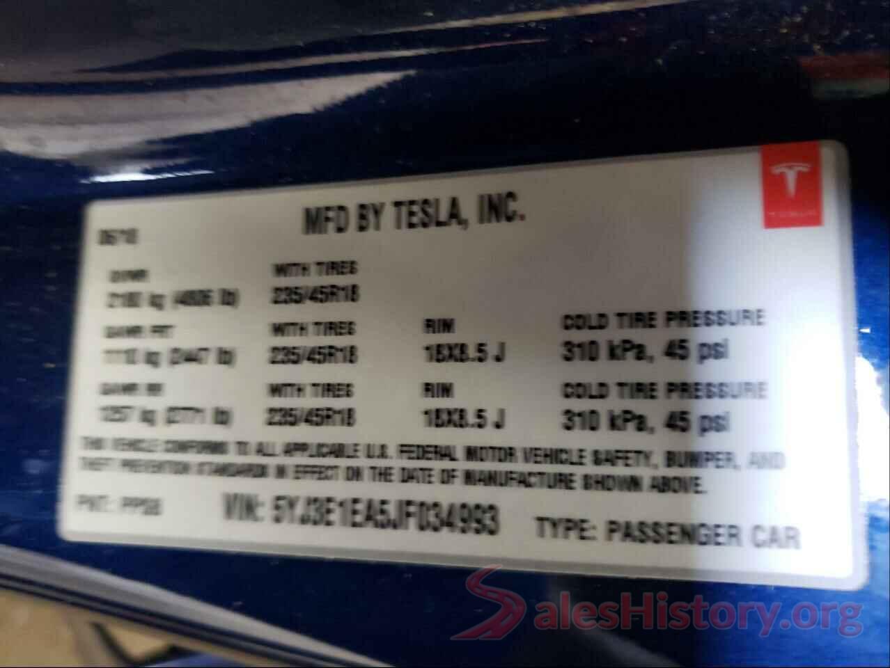 5YJ3E1EA5JF034993 2018 TESLA MODEL 3