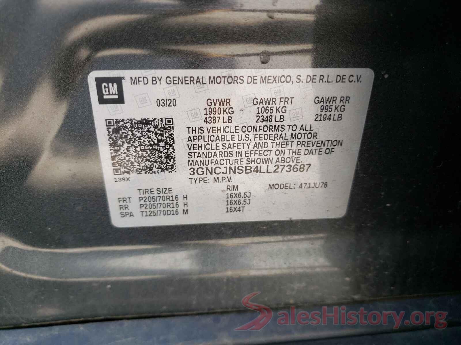 3GNCJNSB4LL273687 2020 CHEVROLET TRAX