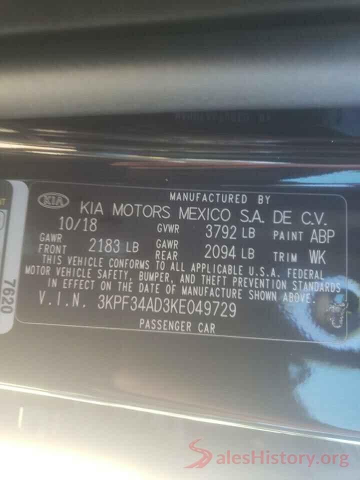 3KPF34AD3KE049729 2019 KIA FORTE