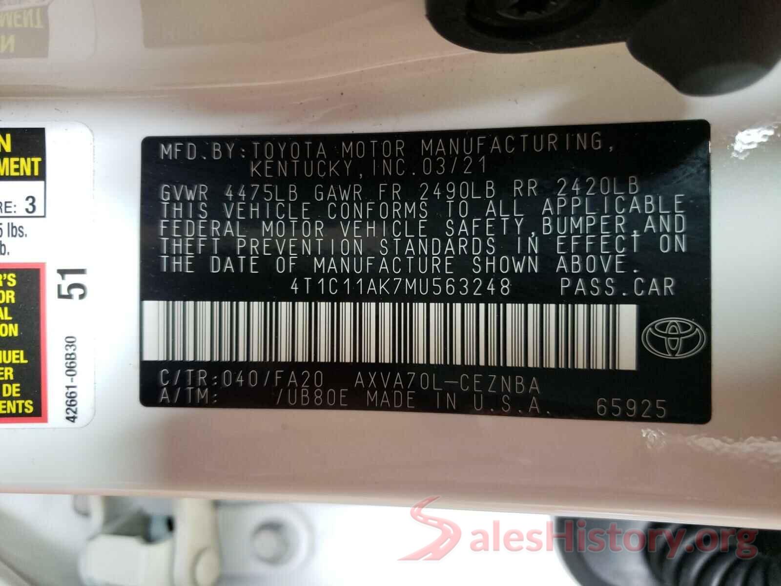 4T1C11AK7MU563248 2021 TOYOTA CAMRY