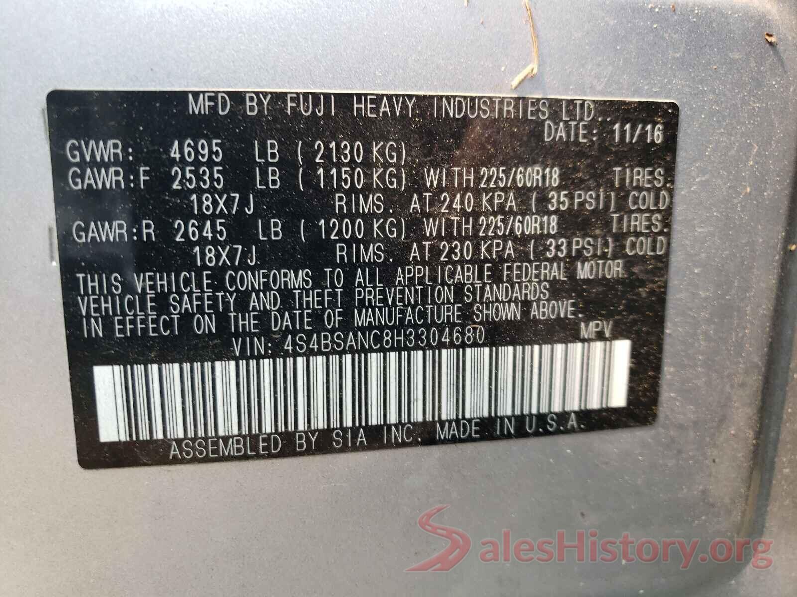 4S4BSANC8H3304680 2017 SUBARU OUTBACK